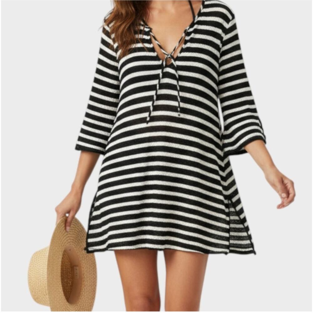 Balance Collection Cover Up Swim L Striped Black White Tie Neck 3/4 Sleeve Dress